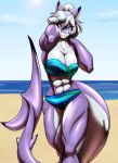  2020 abs anthro athletic athletic_female beach big_breasts blue_eyes breasts cleavage clothed clothing female fish hair hair_bun hand_on_head hi_res marine muscular muscular_anthro muscular_female pose salvia_carhina sea seaside shark solo swimwear thick_thighs toughset water white_hair 