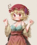  1girl aki_minoriko apron arinu beige_background blonde_hair bow bow_bra bra breasts cleavage collarbone commentary_request flying_sweatdrops food food_themed_hair_ornament fruit grape_hair_ornament grapes green_bra hair_ornament hat highres looking_at_viewer medium_breasts mob_cap red_apron red_eyes red_headwear shirt_down short_hair simple_background solo touhou underwear wide_sleeves 