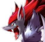  agriefthatcantbespoken ambiguous_gender angry anthro black_body black_fur canid canine ears_up fangs fur grey_body grey_fur hair inner_ear_fluff mammal markings nintendo open_mouth pok&eacute;mon pok&eacute;mon_(species) red_hair red_inner_ear red_markings sharp_teeth shoulder_tuft simple_background solo teeth tongue tuft video_games white_background zoroark 