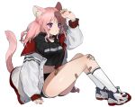  1girl animal_ears arm_up bandaid bandaid_on_knee bandaid_on_leg black_choker black_hoodie black_shorts breasts cat_ears cat_girl cat_tail choker crop_top crop_top_overhang drawstring highres hood hood_down jacket kneehighs knees_up long_hair long_sleeves looking_up medium_breasts mid_(gameshe) midriff navel off_shoulder open_clothes open_jacket original parted_lips pink_hair purple_eyes shoes short_shorts shorts simple_background sitting sneakers solo stomach tail tail_raised thighs twintails white_background white_jacket white_legwear 