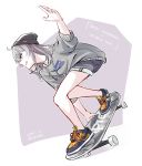  1girl beanie dated denim denim_shorts eyebrows_visible_through_hair full_body grey_eyes grin hair_between_eyes hat hood hoodie jouhou long_hair looking_to_the_side nike shichinosato_kofuki shoes shorts signature silver_hair simple_background skateboard skateboarding sleeves_rolled_up smile solo toji_no_miko white_background 