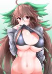  1girl absurdres ahoge alternate_costume bikini black_bikini blush bottomless bow breasts brown_hair clothes_lift g_(desukingu) gradient gradient_background green_background green_bow grey_sweater hair_between_eyes hair_bow highres large_breasts lifted_by_self long_hair looking_at_viewer mouth_hold navel out-of-frame_censoring red_eyes reiuji_utsuho solo sweat sweater sweater_lift swimsuit touhou very_long_hair white_background 