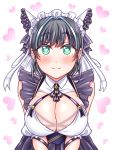  1girl :3 azur_lane blue_hair breasts cheshire_(azur_lane) cleavage detached_sleeves frilled_hairband frilled_headband frilled_ribbon frills green_eyes grey_hair hairband heart heart-shaped_pupils large_breasts long_ribbon looking_at_viewer mabo-udon maid_dress maid_headdress multicolored_hair puffy_detached_sleeves puffy_sleeves purple_apron ribbon smile solo streaked_hair symbol-shaped_pupils world_of_warships 