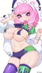  1girl artist_name bangs bikini blush bow bra breasts coat commentary condom_wrapper covered_navel eyebrows_visible_through_hair fur_coat green_bra green_legwear green_shorts hair_bow highres jtveemo kurara_(pokemon) large_breasts looking_at_viewer micro_bikini mole mole_under_mouth mouth_hold pink_hair pokemon pokemon_(game) pokemon_swsh purple_bra purple_eyes purple_legwear purple_shorts short_shorts shorts simple_background smile solo swimsuit thighhighs underwear w white_background white_coat 