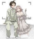  1boy 1girl ahoge bangs bare_shoulders belt breast_pocket breasts bridal_veil bride brown_eyes brown_hair buttons cleavage closed_eyes closed_mouth collared_shirt couple danganronpa dress elbow_gloves eyebrows_visible_through_hair facing_viewer formal frilled_dress frills full_body gloves groom hand_up happy head_on_shoulder height_difference hetero hinata_hajime holding_hands interlocked_fingers jacket jewelry leaning_on_person leaning_to_the_side long_dress long_sleeves looking_at_another medium_breasts medium_hair nanami_chiaki open_clothes open_jacket open_mouth pants pendant pink_hair pocket shirt shoes short_hair sitting smile strapless strapless_dress suit suit_jacket super_danganronpa_2 suzuka_(rekkyo) veil vest viewfinder wedding_dress wing_collar 