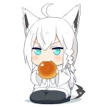  1girl ahoge animal_ears anpan bangs black_skirt blush braid eating eyebrows_visible_through_hair felutiahime food fox_ears fox_girl fox_tail green_eyes hair_between_eyes holding holding_food hololive long_hair looking_at_viewer seiza shirakami_fubuki shirt sidelocks simple_background single_braid sitting skirt solo tail white_background white_hair white_shirt 