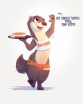  2020 absurd_res anthro bottomwear brown_body brown_fur clothed clothing crop_top dialogue english_text food fur gesture hi_res holding_plate hotpants lutrine mammal midriff mustelid open_mouth open_smile pointedfox shirt shorts signature simple_background smile solo text topwear walking waving whiskers white_background 