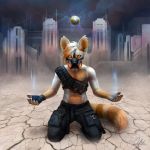  1:1 2020 5_fingers anthro city day detailed_background digital_media_(artwork) fingers hi_res kneeling looking_at_viewer male orange_eyes outside solo wolnir 