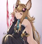  1girl animal_ears artist_name bare_back bare_shoulders black_legwear blonde_hair breasts commentary_request detached_sleeves erune granblue_fantasy hair_ornament ivris looking_at_viewer medium_breasts metera_(granblue_fantasy) mole mole_under_mouth purple_eyes solo thighhighs 