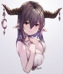  1girl antenna_hair artist_name black_hair breasts cleavage commentary_request danua draph granblue_fantasy grey_background hair_between_eyes horns ivris jewelry large_breasts long_hair looking_at_viewer necklace pointy_ears red_eyes simple_background smile solo 