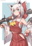  1girl absurdres ahoge animal_ears apple armpits ascot bare_shoulders bilibili_xiaolu blue_eyes bow collared_shirt cosplay cowboy_shot crop_top crop_top_overhang detached_sleeves food fox_ears fruit hair_bow hair_tubes hakurei_reimu hakurei_reimu_(cosplay) half_updo high-waist_skirt highres hip_vent holding hololive long_sleeves looking_at_viewer midriff_peek pleated_skirt red_shirt red_skirt rocket_launcher rpg sarashi shirakami_fubuki shirt short_hair silver_hair skirt skirt_set solo standing touhou virtual_youtuber weapon wide_sleeves wing_collar 