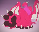  anthro breasts claws dragon eve_softpaw featureless_breasts female foot_focus green_eyes hi_res horn mtfoxx pawpads pink_body pink_scales scales scalie solo toe_claws wings 