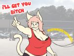  angry anthro big_breasts big_ears bra breasts capri cleavage clenched_teeth clothed clothing dialogue domestic_cat doxxyl electrocution electroshock_weapon felid feline felis female gesture hair mammal meme overweight overweight_female pink_hair pointing shirt slightly_chubby solo sound_effects standing tank_top taser teeth tight_clothing topwear underwear weapon 