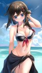  adapted_costume ahoge bikini black_bikini black_hair black_sarong blue_eyes blue_sky braid cloud commentary_request cowboy_shot day hair_flaps hair_ornament hair_over_shoulder highres horizon kantai_collection looking_at_viewer lowleg lowleg_bikini ocean outdoors remodel_(kantai_collection) rukinya_(nyanko_mogumogu) sarong shigure_(kantai_collection) single_braid sky standing swimsuit 