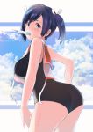  1girl alternate_costume ass black_swimsuit blue_hair blue_sky breasts brown_eyes cloud commentary_request cosplay cowboy_shot food highres i-401_(kantai_collection) i-401_(kantai_collection)_(cosplay) kantai_collection large_breasts leaning_forward long_hair looking_at_viewer mouth_hold orange_sailor_collar popsicle sailor_collar school_swimsuit shirt side-tie_shirt sky sleeveless sleeveless_shirt solo souryuu_(kantai_collection) swimsuit swimsuit_under_clothes taisho_(gumiyuki) twintails untied 