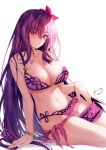  1girl bangs bare_shoulders bikini blush breasts cleavage collarbone fate/grand_order fate_(series) flower hair_flower hair_ornament hibiscus highres large_breasts leg_garter long_hair looking_at_viewer navel obiwan purple_bikini purple_hair red_eyes sarong scathach_(fate)_(all) scathach_(swimsuit_assassin)_(fate) simple_background smile swimsuit 