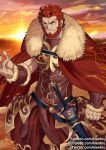  1boy abs armor bara beard bracer cape clenched_hand cloud cloudy_sky derivative_work embers facial_hair fate/grand_order fate/zero fate_(series) fur_collar iskandar_(fate) kienbiu leather male_focus open_hand red_eyes red_hair sheath sheathed sky solo sunrise sword weapon 