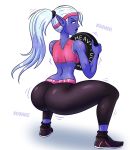  1pervydwarf big_butt blue_body blue_skin bodily_fluids breasts butt crouching elf exercise female hair hi_res humanoid not_furry phoebe_(1pervydwarf) ponytail solo sweat yoga_pants 