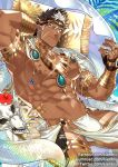  1boy abs bara beard brown_hair bulge chest dark_skin dark_skinned_male facial_hair jewelry kienbiu looking_at_viewer male_focus manly muscle nipples pectorals revealing_clothes smile snake solo sparkle tangaroa tokyo_houkago_summoners upper_body yellow_eyes 