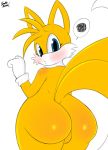  2_tails anthro balls big_butt blush butt canid canine fox genitals hi_res looking_at_viewer looking_back male mammal miles_prower multi_tail saltyxodium simple_background solo sonic_the_hedgehog_(series) 