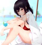  1girl :d bangs bare_arms bare_legs barefoot beach_chair bikini black_hair blurry blurry_background blush breasts cleavage drink drinking_straw hair_between_eyes high_ponytail highres idolmaster idolmaster_shiny_colors knees_up large_breasts looking_at_viewer nail_polish open_mouth outdoors pink_nails red_bikini ryuu. see-through shirase_sakuya sitting sleeveless smile solo swimsuit table towel tropical_drink wet wet_hair wet_towel yellow_eyes 
