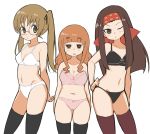  3girls :o arms_behind_back bangs black_bra black_legwear black_panties black_ribbon blunt_bangs bow bow_bra bra breasts brown_eyes brown_hair cleavage closed_mouth eyebrows_visible_through_hair frown girls_und_panzer glasses hair_ribbon hand_on_hip head_tilt headband highres jitome long_hair looking_at_viewer medium_breasts multiple_girls navel one_eye_closed oono_aya open_mouth orange_eyes orange_hair panties parted_lips pink_bra pink_panties red_headband ribbon round_eyewear saemonza_(girls_und_panzer) side-by-side simple_background skindentation small_breasts standing takebe_saori thighhighs twintails underwear underwear_only white_background white_bra white_panties yabai_gorilla 