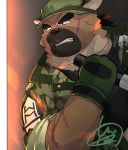  2020 anthro brown_body brown_fur canid canine canis clothing domestic_dog fur hat headgear headwear hi_res kemono male mammal overweight overweight_male scar shirt solo tokyo_afterschool_summoners topwear video_games weapon yasuyori yuuta_207 