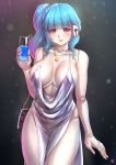  1girl alcohol alternate_costume android artificial_eye azur_lane backless_dress backless_outfit bag bangs bare_shoulders blue_hair blunt_bangs bracelet breasts cleavage cocktail_glass cup dress drinking_glass evening_gown eyebrows_visible_through_hair finalcake grey_dress halter_dress handbag holding holding_cup jewelry large_breasts looking_at_viewer mechanical_eye mechanical_hands necklace parted_lips pink_eyes plunging_neckline revealing_clothes side_ponytail sidelocks silver_dress st._louis_(azur_lane) st._louis_(luxurious_wheels)_(azur_lane) thighs va-11_hall-a 