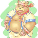  1:1 2020 anthro belly blush brown_body brown_fur clothed clothing eyes_closed fire_ciramantep fur hat headgear headwear humanoid_hands kemono male mammal moobs navel nipples open_shirt overweight overweight_male posshizerisu shirt solo tokyo_afterschool_summoners topwear ursid video_games 