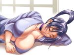  1girl bangs breasts choker cleavage closed_eyes collarbone commentary_request covered_nipples fishneak high_ponytail huge_breasts kousaka_shigure lying on_side open_clothes open_mouth open_robe purple_choker purple_robe robe shijou_saikyou_no_deshi_ken&#039;ichi window 