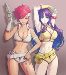  2girls armlet armpits arms_up breasts cleavage commentary_request cowboy_shot dirty_pair earrings eyebrows_visible_through_hair fujii_eishun gloves gun headband highres holding holding_gun holding_weapon jewelry kei_(dirty_pair) large_breasts lips long_hair looking_at_viewer midriff multiple_girls navel parted_lips purple_eyes purple_hair red_eyes red_hair short_hair single_glove weapon yuri_(dirty_pair) 