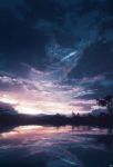  blurry chinese_commentary cloud dark depth_of_field forest highres hill lake nature night night_sky no_humans original outdoors reflection scenery signature sky skyrick9413 star_(sky) sunrise tree twilight water 