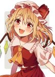  1girl blonde_hair blush bow commentary_request crystal fang flandre_scarlet hair_bow hat looking_at_viewer medium_hair mob_cap open_mouth pointy_ears red_bow red_eyes red_skirt red_vest retota shirt short_sleeves side_ponytail skin_fang skirt smile solo touhou upper_body vest white_headwear white_shirt wings yellow_neckwear 