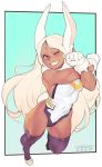  1girl ;d absurdres animal_ears bangs big_hair black_legwear boku_no_hero_academia breasts bunny_ears bunny_tail commentary covered_navel crescent_print dark_skin english_commentary from_above full_body fur_collar gloves grin highleg highleg_leotard highres leotard long_hair looking_at_viewer medium_breasts mirko norasuko one_eye_closed open_mouth outside_border paw_shoes rabbit_girl red_eyes shoes smile solo superhero swept_bangs tail taut_leotard thick_thighs thighhighs thighs toned white_gloves white_hair x_arms 