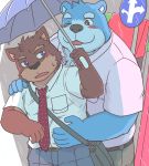  2020 anthro belly blue_body blue_fur blush bottomwear brown_body brown_fur canid canine canis clothing domestic_dog duo fur humanoid_hands kemono male male/male mammal misterdonn necktie one_eye_closed outside overweight overweight_male pants raining shirt topwear umbrella ursid wink 