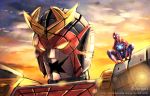  1boy artist_name blue_eyes close-up leopardon looking_at_viewer looking_down mecha shingo_(picturepuzzle) spider-man spider-man_(series) spider-man_(touei) squatting sunset superhero watermark yellow_eyes 