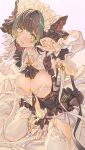  1girl absurdres arm_support arm_up azur_lane bangs between_legs black_hair blush breasts cheshire_(azur_lane) cleavage collared_shirt commentary_request eyebrows_visible_through_hair fang frills garter_straps green_eyes hair_ornament hand_between_legs highres hong large_breasts multicolored_hair open_mouth shirt sitting skirt streaked_hair thighhighs thighs wariza white_legwear wrist_cuffs 