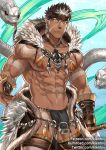  1boy abs bara beard brown_hair bulge chest dark_skin dark_skinned_male facial_hair headband jewelry kienbiu looking_at_viewer male_focus manly muscle navel necklace nipples pectorals pointy_ears revealing_clothes snake solo spiked_hair tangaroa tattoo tokyo_houkago_summoners upper_body white_hair yellow_eyes 