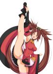  1girl absurdres armpits breasts brown_eyes brown_hair china_dress chinese_clothes covered_nipples detached_sleeves dress guilty_gear hair_ornament hair_rings hairclip highres kuradoberi_jam leg_up long_hair medium_breasts musaki_(msaki666) open_mouth panties pantyshot red_dress simple_background solo standing standing_on_one_leg striped striped_panties underwear white_background white_panties wide_sleeves 