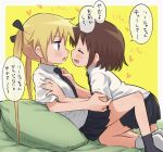  2girls blonde_hair blue_eyes blush brown_hair hair_ribbon kill_me_baby long_hair meis_(terameisu) multiple_girls necktie open_mouth oribe_yasuna pillow ribbon school_uniform short_hair skirt smile sonya_(kill_me_baby) translation_request twintails yuri 