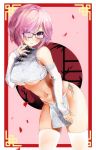  1girl bangs bare_shoulders blush breasts chinese_clothes crop_top detached_sleeves fate/grand_order fate_(series) glasses hair_over_one_eye hi_ros3 highres lavender_hair looking_at_viewer mash_kyrielight navel pelvic_curtain purple_eyes short_hair thighhighs thighs underboob white_legwear 