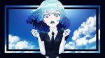  1other bangs black_neckwear blue_sky cloud cloudy_sky collared_shirt colored_eyelashes crystal_hair day diamond_(houseki_no_kuni) gem_uniform_(houseki_no_kuni) highres houseki_no_kuni mint_(catofminto) open_mouth outdoors shirt sky solo 