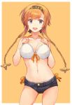  1girl bikini black_headband blue_eyes border braid breast_suppress breasts cleavage collarbone contrapposto cowboy_shot denim denim_shorts front-tie_top hair_ornament halter_top halterneck headband kantai_collection kasumi_(skchkko) large_breasts light_brown_hair long_hair looking_at_viewer open_mouth outside_border propeller_hair_ornament short_shorts shorts side-tie_bikini simple_background solo string_bikini swimsuit teruzuki_(kantai_collection) twin_braids upper_body white_bikini white_border yellow_background 