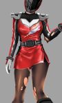  1girl belt bodysuit bra breasts english_commentary gloves helmet highres mugyaclan original sentai simple_background skirt solo tokusatsu underwear undressing 