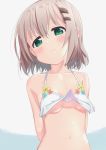  1girl arms_behind_back bikini blush breasts closed_mouth commentary_request green_eyes grey_hair hair_between_eyes hair_ornament hairclip halterneck kohshibasaki looking_at_viewer navel short_hair small_breasts solo stomach swimsuit underboob upper_body wavy_mouth white_bikini yama_no_susume yukimura_aoi 