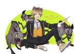  1boy animal_ears bangs banzai_(the_lion_king) blue_eyes brown_hair ed_(the_lion_king) hair_between_eyes hyena hyena_boy hyena_ears long_sleeves looking_at_viewer male_focus middle_finger ruggie_bucchi school_uniform shenzi simple_background sitting smile smskt_25 solo the_lion_king twisted_wonderland 