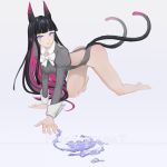  1girl all_fours animal_ears ass bangs barefoot black_hair blue_eyes blunt_bangs cat_ears cat_tail copyright_name grey_shirt juliet_sleeves lingxia long_hair long_sleeves looking_at_viewer multicolored_hair multiple_tails pink_hair pixiv_fantasia pixiv_fantasia_t puffy_sleeves shirt simple_background tail two-tone_hair white_background wrist_cuffs 