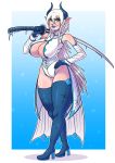  1pervydwarf big_breasts breasts clothing female footwear hair hand_on_hip hi_res high_heels holding_object holding_weapon horn horned_humanoid humanoid humanoid_pointy_ears katana melee_weapon not_furry shoes solo sword weapon white_hair wide_hips 