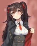  1girl blush boxreeema brown_eyes brown_hair covered_nipples cowboy_shot double-breasted frown girls_frontline hair_between_eyes heart heart-shaped_pupils highres jacket long_hair looking_at_viewer medium_tank necktie qbz-97_(girls_frontline) red_ribbon ribbon solo sweat symbol-shaped_pupils twintails 