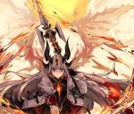  1girl arknights armband black_gloves blue_eyes dragon_horns dragon_tail fiery_wings fire gloves highres horns long_hair over_shoulder polearm reed_(arknights) spear tail weapon weapon_over_shoulder white_hair yan_ge 